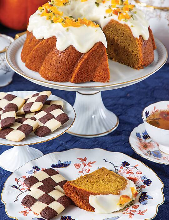 Pumpkin Mascarpone Bundt Cake with Mascarpone Glaze and Checkboard Cookies