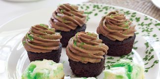 Chocolate-Guinness Mini Cupcakes (top) and Lemon-Mint Cheesecake Bars (bottom)