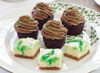Chocolate-Guinness Mini Cupcakes (top) and Lemon-Mint Cheesecake Bars (bottom)