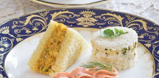 Coronation Chicken Salad Sandwiches, Dilled Salmon Mousse Canapés, Watercress and Egg Salad Tea Sandwiches