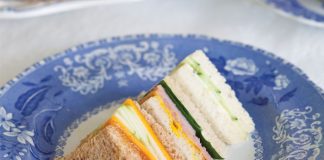 Apple, Cheddar and Chutney Tea Sandwiches, Ham and Spinach on Rye Tea Sandwiches, and Tarragon Butter and Cucumber Tea Sandwiches