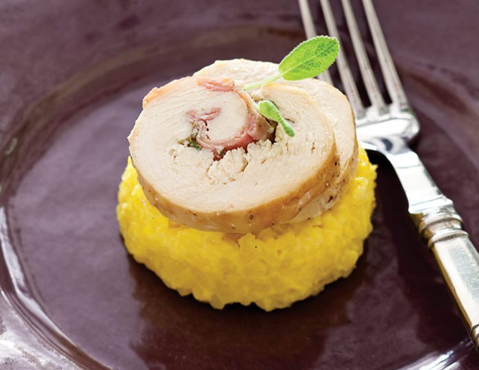 Chicken Saltimbocca Roulades with Saffron Risotto