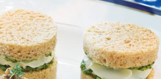 Arugula, Pecan, Pesto, and Goat Cheese Tea Sandwiches