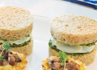 Arugula, Pecan, Pesto, and Goat Cheese Tea Sandwiches