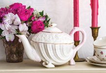 Softly tinted details on the Irish-crafted Neptune Pink teapot by Belleek Pottery gently highlight a unique and memorable teatime accoutrement.