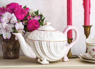 Softly tinted details on the Irish-crafted Neptune Pink teapot by Belleek Pottery gently highlight a unique and memorable teatime accoutrement.