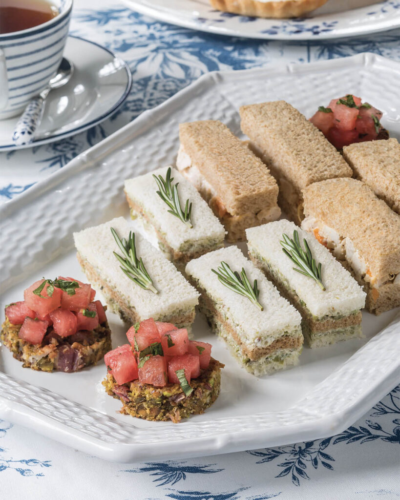 Savories pictured from left to right: Watermelon, Pancetta & Pistachio Canapés, Olive-Goat Cheese Tea Sandwiches, and Mandarin Orange & Cashew Chicken Salad Tea Sandwiches.