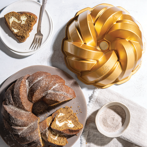 75th bundt pan and cake sliced