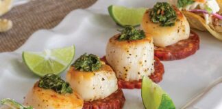 Seared Scallop & Chorizo Canapés with Herb Sauce