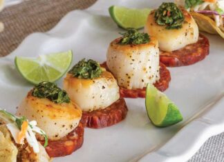 Seared Scallop & Chorizo Canapés with Herb Sauce
