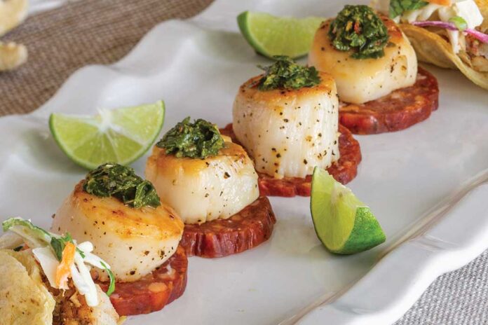 Seared Scallop & Chorizo Canapés with Herb Sauce