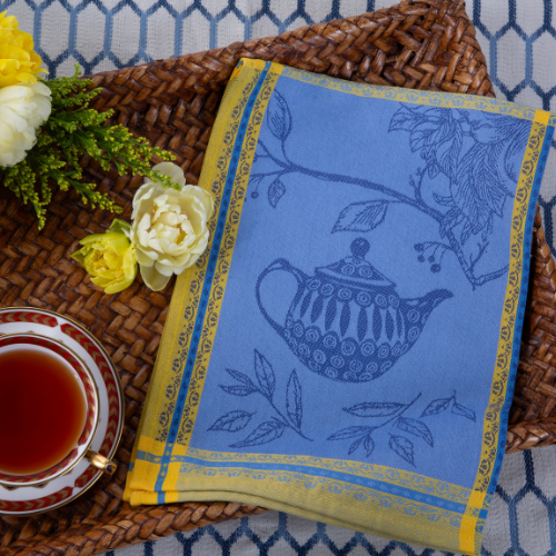 Blue Teapots Four-Panel Jacquard Tea Towel