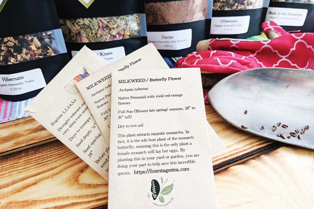 Each purchase from her company donates a percentage of the proceeds to a non-profit that aids in helping the monarch to survive and additionally comes with a package of milkweed seed to plant locally.