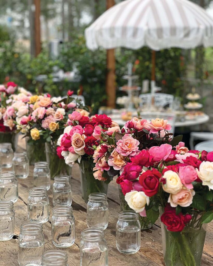 Afternoon-tea events include a rose bar in which participants receive a 16-ounce Mason jar and choose 12 rose stems to arrange into their own keepsakes.