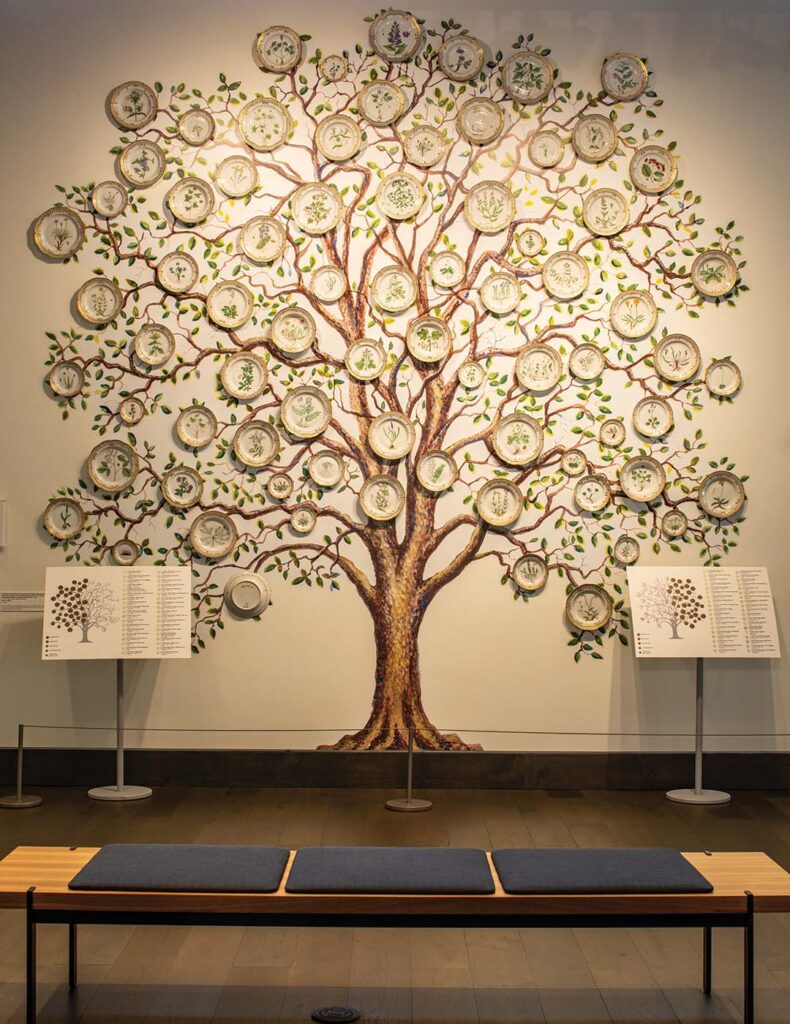 Designer Jenny White worked with artist Lynwood Hall to develop the “Tree of Life” display for the many Flora Danica plates in the collection, which is a favorite photo backdrop for museum visitors.