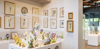 The iris, Deen Day Sanders’s favorite flower, is highlighted in porcelain and other mediums.