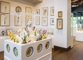 The iris, Deen Day Sanders’s favorite flower, is highlighted in porcelain and other mediums.