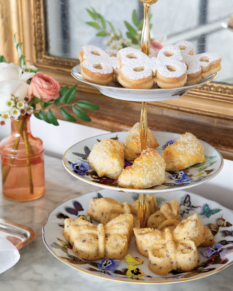 white-chocolate lemon linzer cookies, butterfly apricot pastries, and miniature whipping cream pound cakes