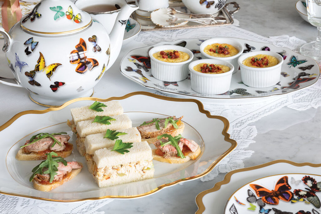 corn pudding, chicken salad sandwiches and pork tenderloin crostini