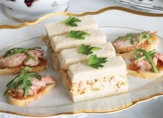 chicken salad sandwiches and pork tenderloin crostini