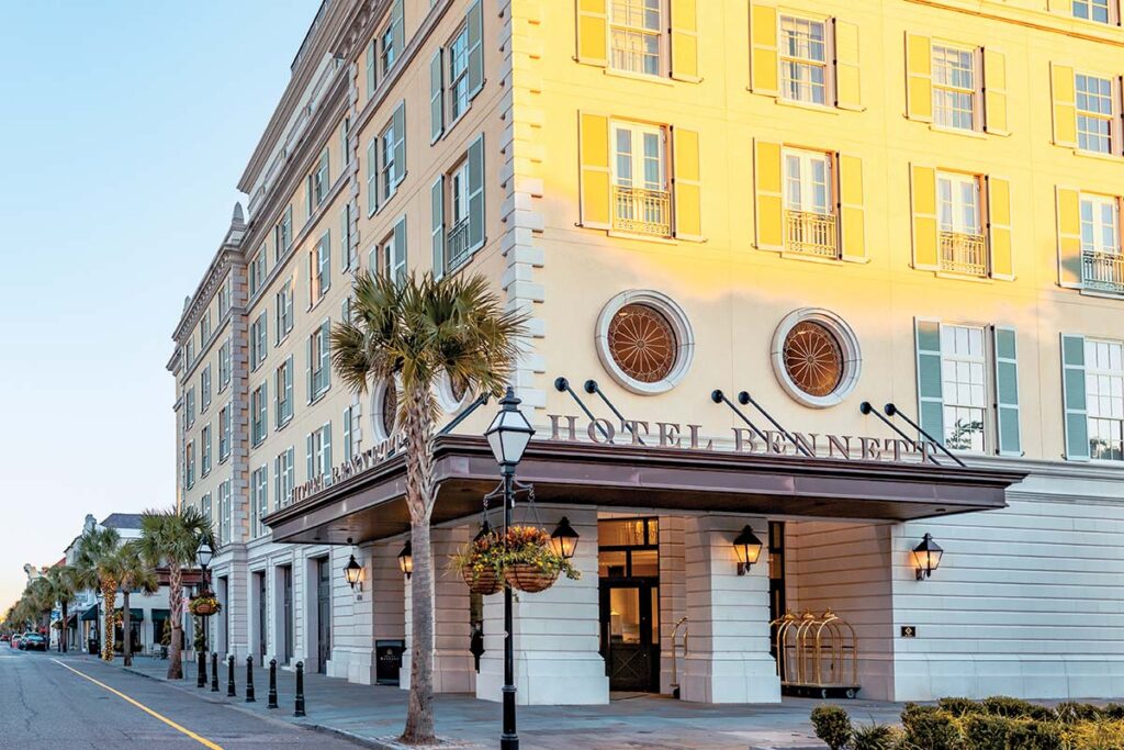 The beautiful Hotel Bennett opened in 2019 to rave reviews. The yellow-and-white exterior is located on well-known King Street.