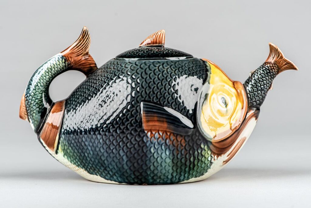 Circa 1880s aesthetic-style fish majolica teapot, unknown maker.