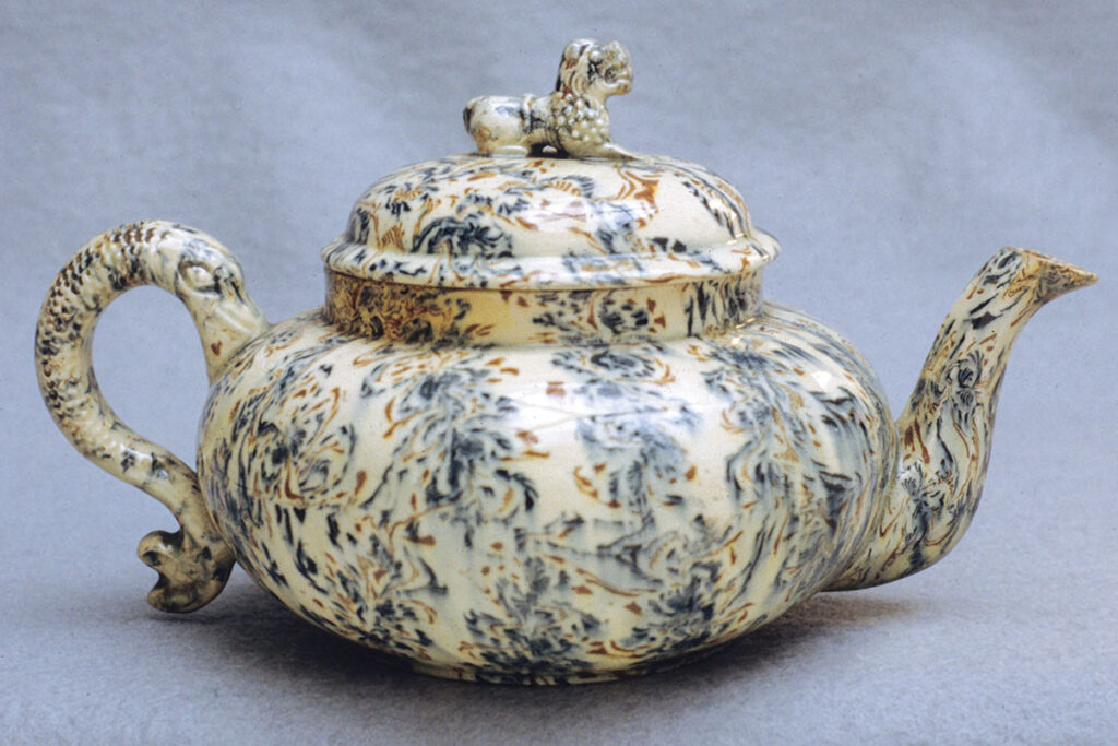 Agateware earthenware teapot, Staffordshire.