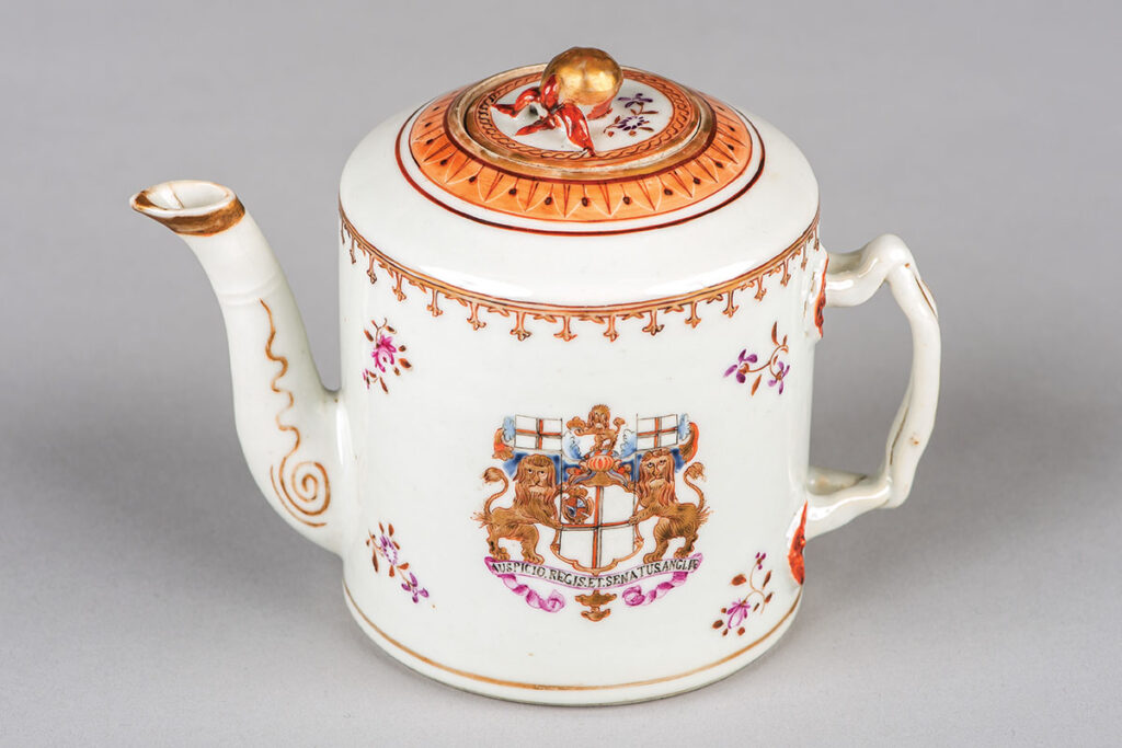 1750s Chinese-export porcelain teapot featuring the arms of the East India Company.