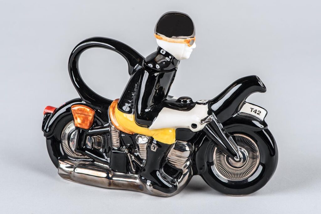 Motorcyclist teapot from Carters Pottery in Suffolk, which has produced quality handmade teapots since 1978. 