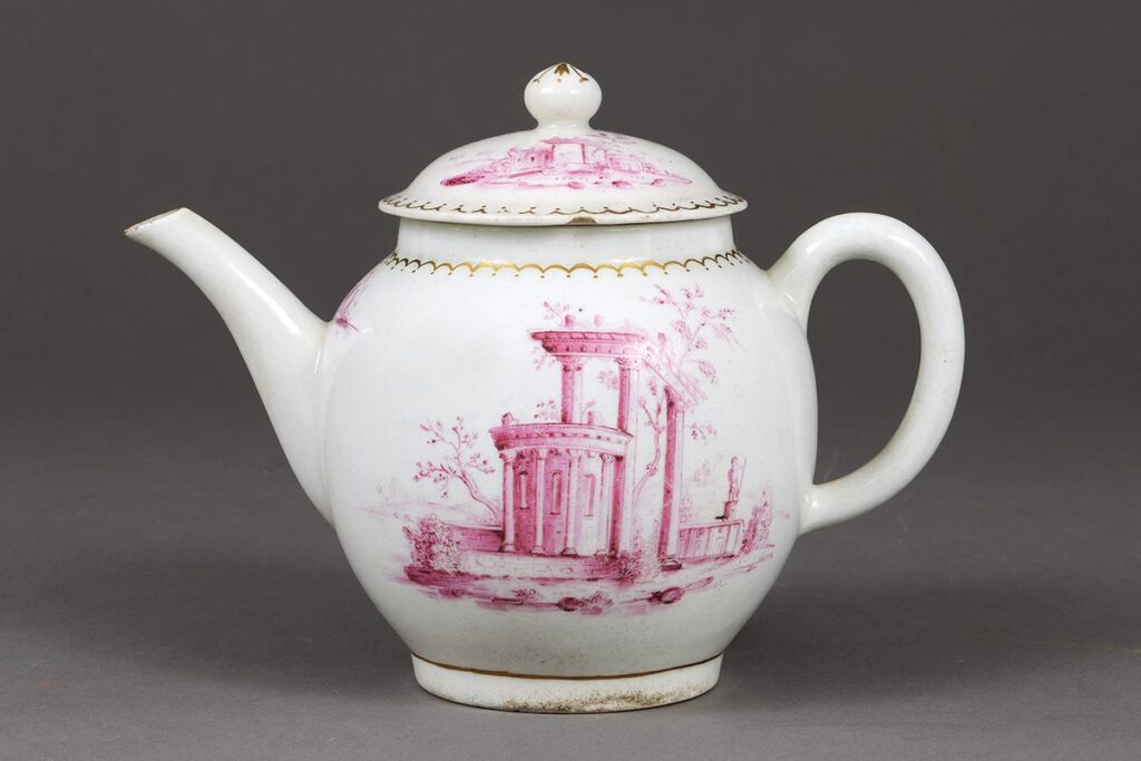 Circa 1775 porcelain teapot by Lowestoft Porcelain Pottery that was active from about 1757 to 1802 in Suffolk.
