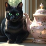 Black cat with teapot