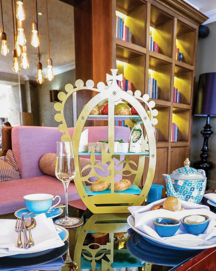 The inventive cake stand is in the shape of a golden crown.Photograph Courtesy of The Castle Hotel