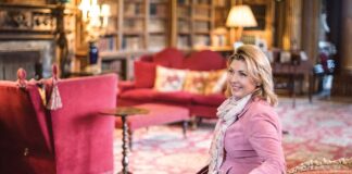 Lady Fiona is pictured in the library at Highclere where many scenes of Downton Abbey were filmed. Photograph Courtesy of Highclere Castle.