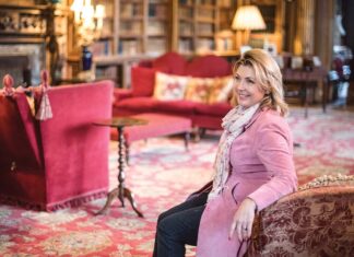 Lady Fiona is pictured in the library at Highclere where many scenes of Downton Abbey were filmed. Photograph Courtesy of Highclere Castle.