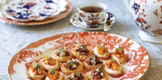 Shrimp & Butternut Squash Crostini and Fig, Pancetta & Blue Cheese Savory Tartlets.