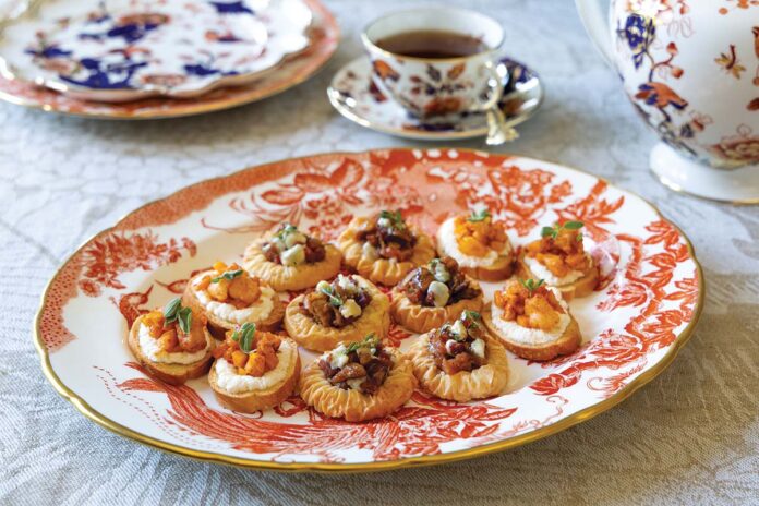 Shrimp & Butternut Squash Crostini and Fig, Pancetta & Blue Cheese Savory Tartlets.