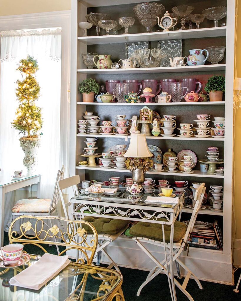 The Garden Room, with its glass-topped vintage tables and chairs, feels like an indoor garden party.