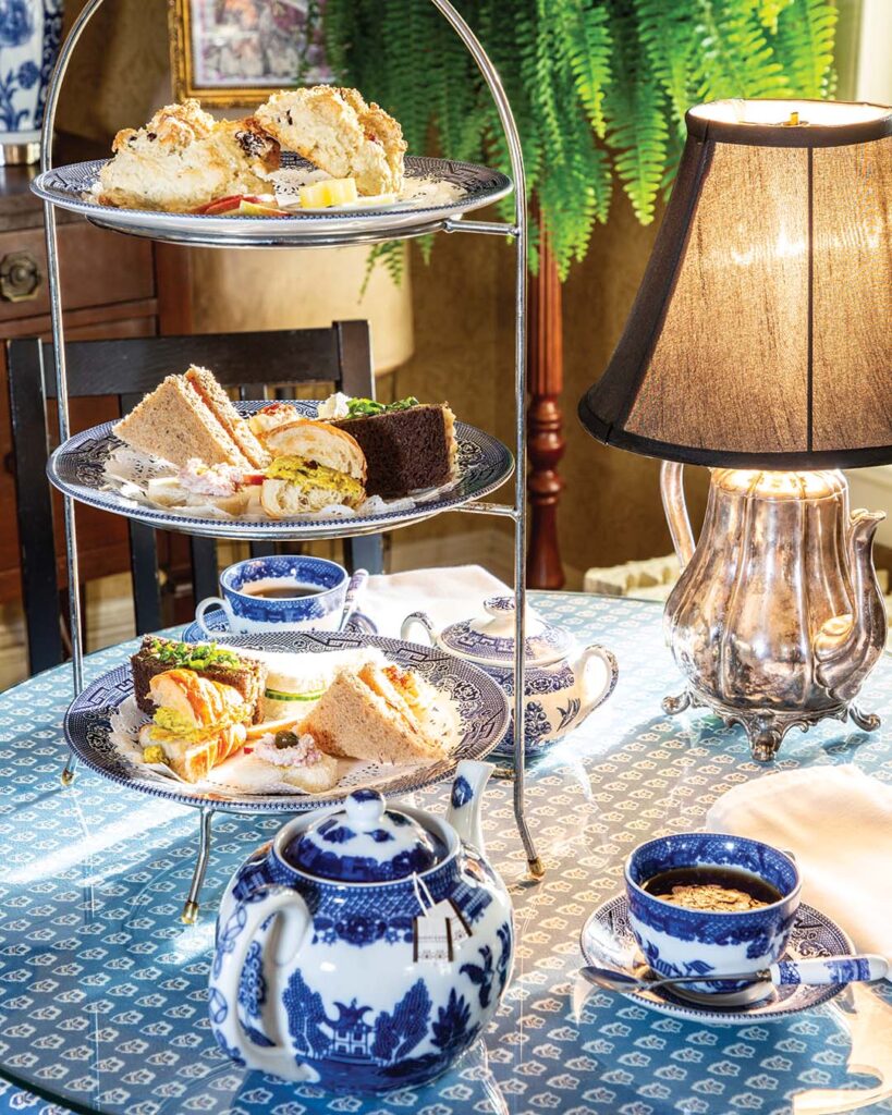 Tea sandwiches are plentiful and take up two tiers of the three-tiered stand, with the top plate being devoted to the scones and their requisite condiments. Sweets are served separately, and endless pots of Harney & Sons tea accompany the fare.