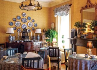 The Blue Willow Room, with its blue-and-white décor, is a tribute to owner Joanne Graney’s grandmother, who introduced her to tea.