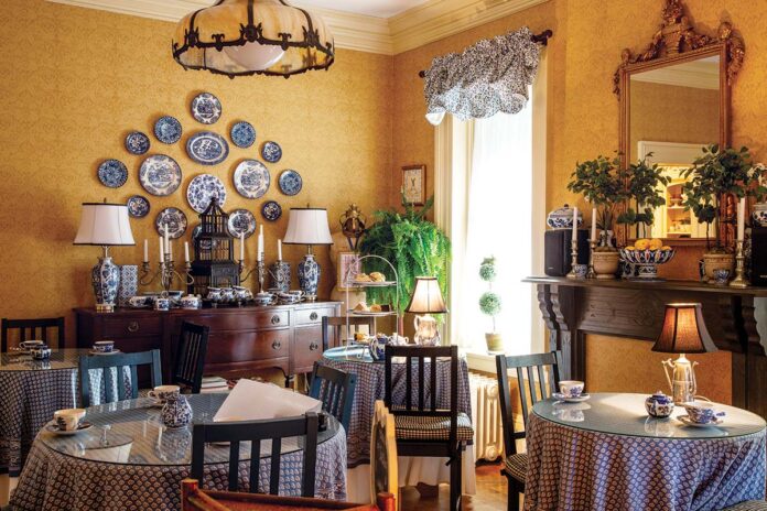 The Blue Willow Room, with its blue-and-white décor, is a tribute to owner Joanne Graney’s grandmother, who introduced her to tea.