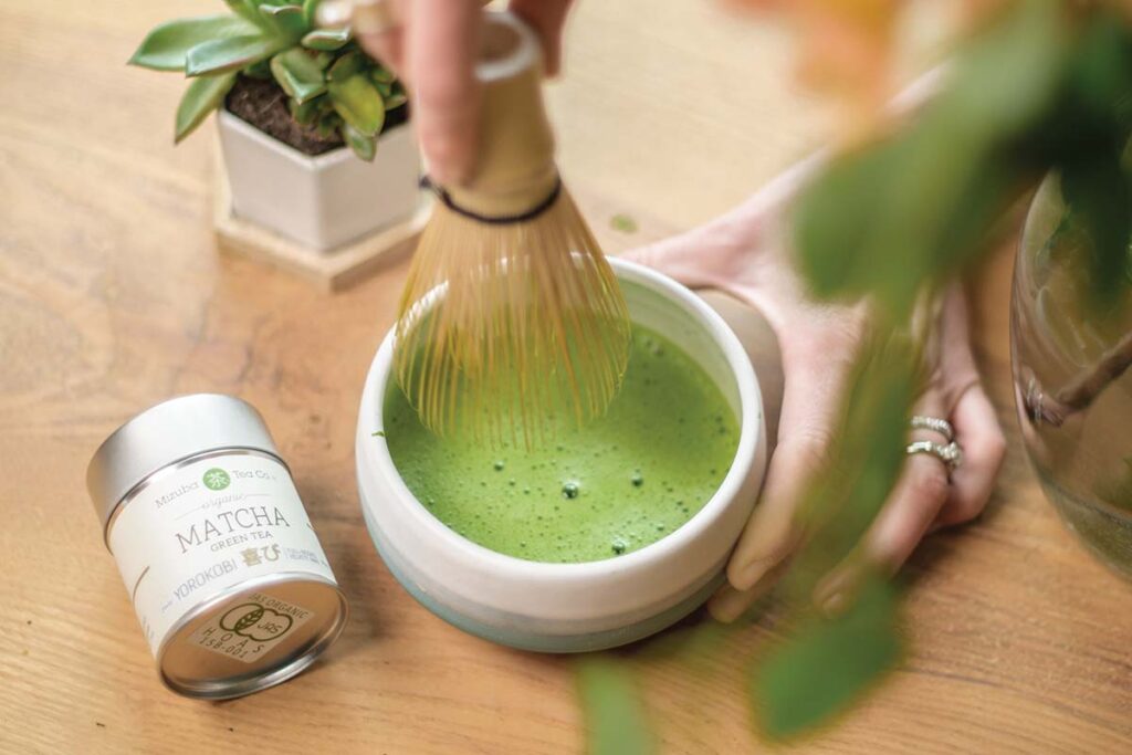 Mizuba’s matcha is shade-grown for four weeks and stone-milled into a fine powder to create a high-quality product.