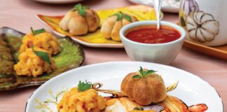 Pumpkin Hummus Canapés, Roasted Red Pepper Mac & Cheese Bites, Mini Stuffed Pizza Buns