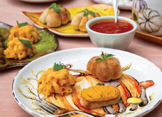 Pumpkin Hummus Canapés, Roasted Red Pepper Mac & Cheese Bites, Mini Stuffed Pizza Buns