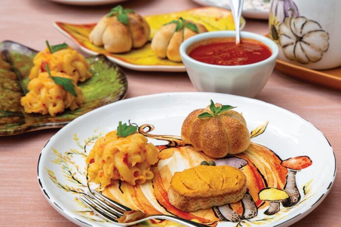 Pumpkin Hummus Canapés, Roasted Red Pepper Mac & Cheese Bites, Mini Stuffed Pizza Buns