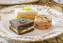 Spinach, Kale, Caramelized Onion & Brie Tea Sandwiches, Sweet Potato & Smoked Turkey Tea Sandwiches, and Curried Ham Salad Tea Sandwiches