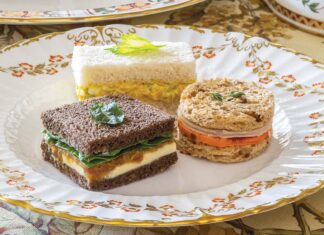 Spinach, Kale, Caramelized Onion & Brie Tea Sandwiches, Sweet Potato & Smoked Turkey Tea Sandwiches, and Curried Ham Salad Tea Sandwiches