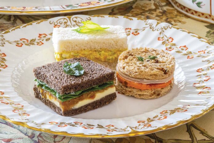 Spinach, Kale, Caramelized Onion & Brie Tea Sandwiches, Sweet Potato & Smoked Turkey Tea Sandwiches, and Curried Ham Salad Tea Sandwiches