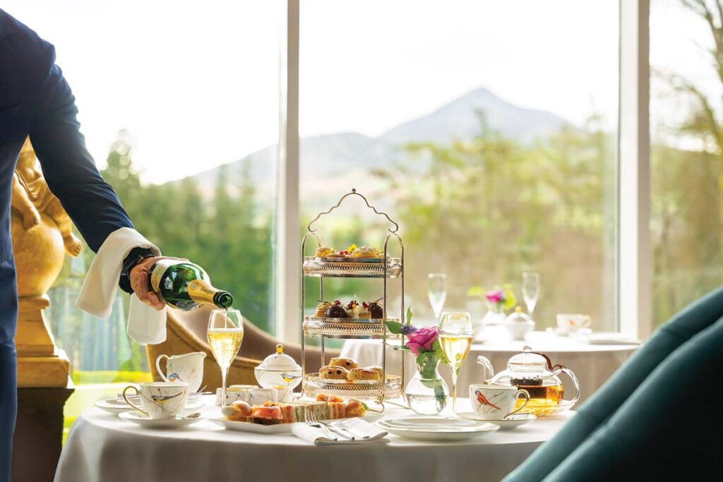 Sugar Loaf Lounge offers views of the Wicklow countryside. Photograph Courtesy of Powerscourt Hotel.