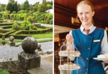 Left: The Formal Gardens at Kilkea Castle, Photograph Courtesy of Kilkea Castle. Right: Afternoon tea is served at the Powerscourt Hotel, Photograph by Margaret M. Johnson.