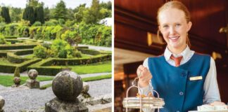 Left: The Formal Gardens at Kilkea Castle, Photograph Courtesy of Kilkea Castle. Right: Afternoon tea is served at the Powerscourt Hotel, Photograph by Margaret M. Johnson.